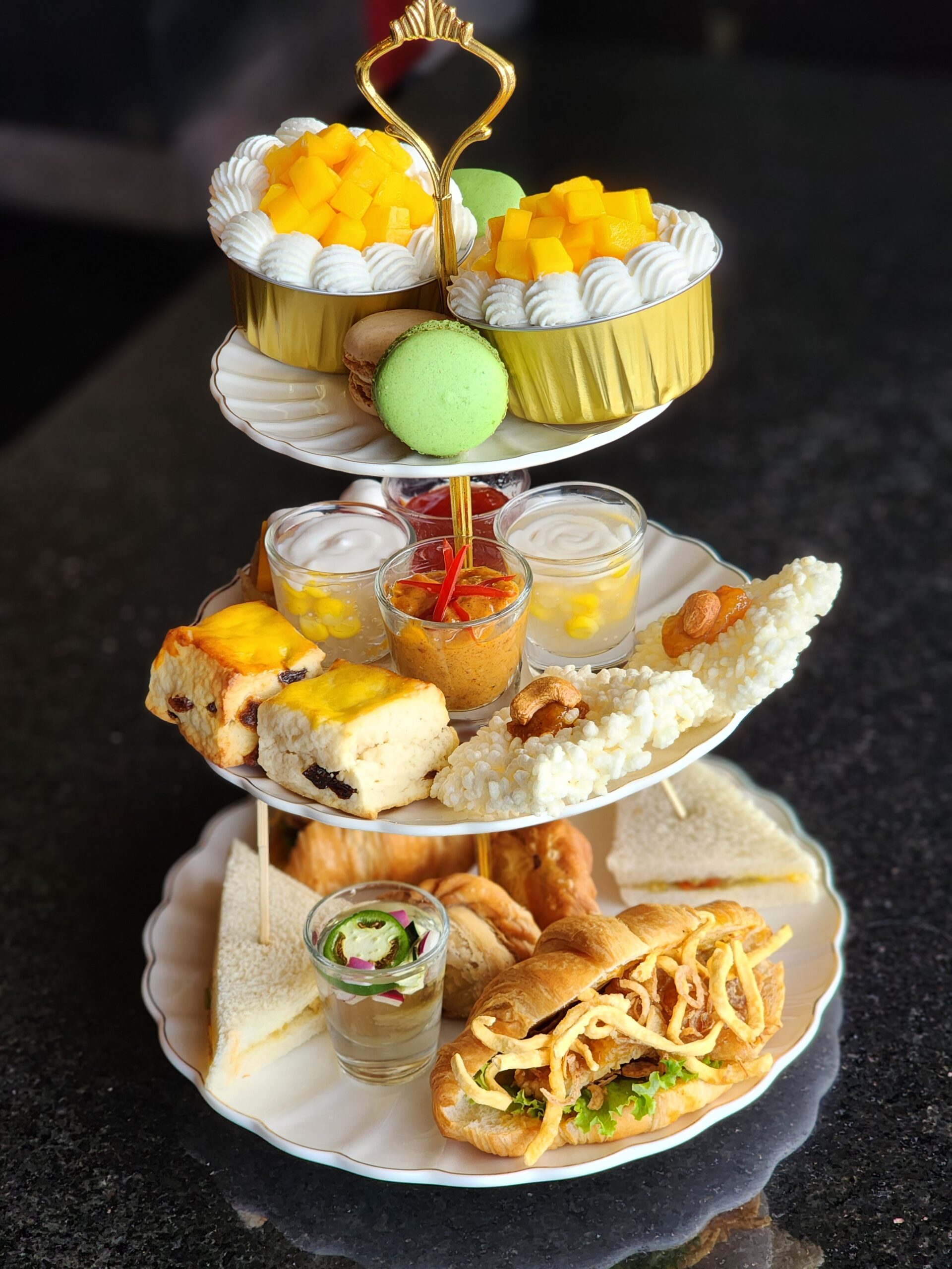 Thai Afternoon Tea mango dessert and macarons